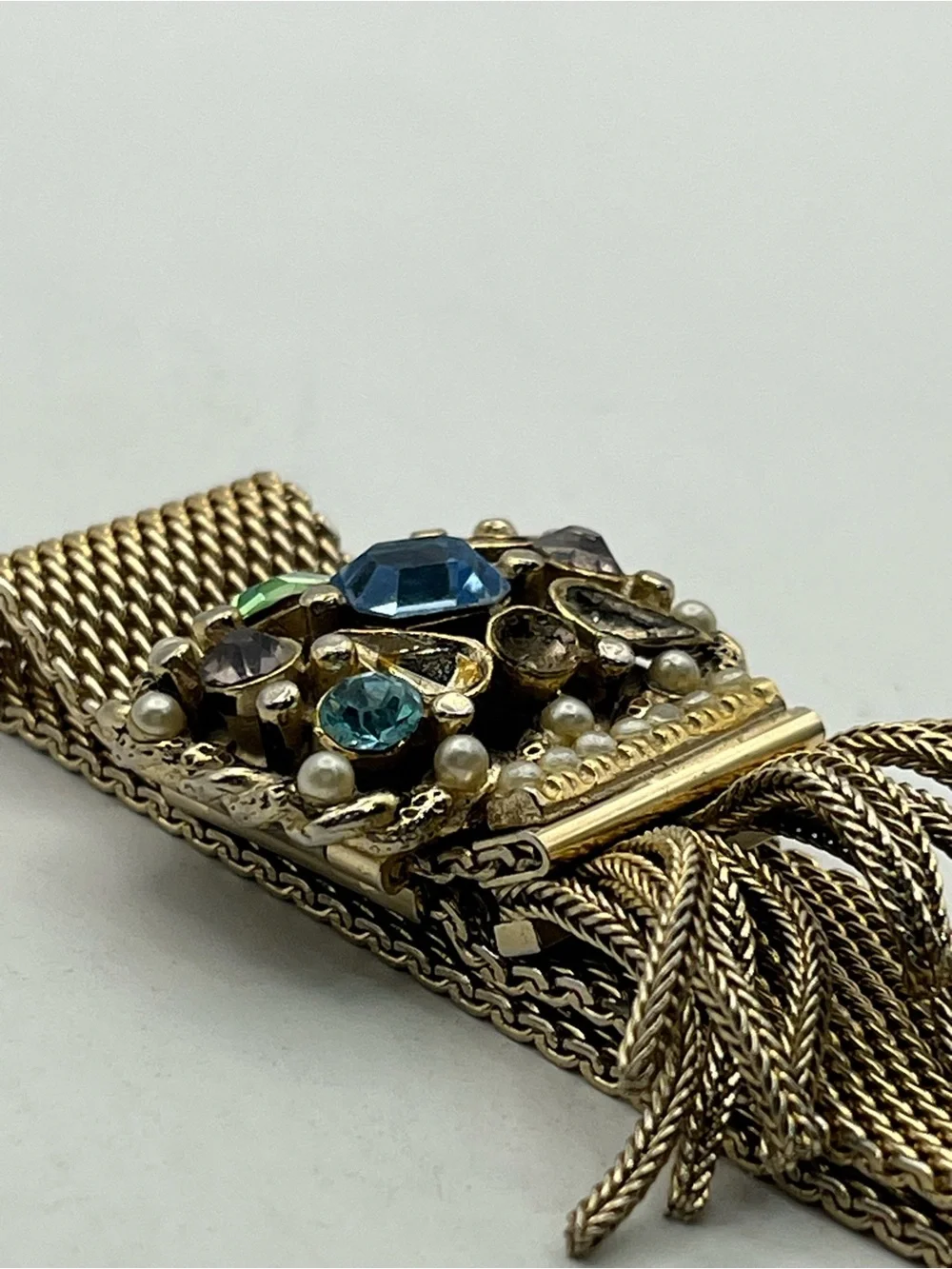 Victorian Revival gold tone mesh tassel slider adjustable rhinestone bracelet